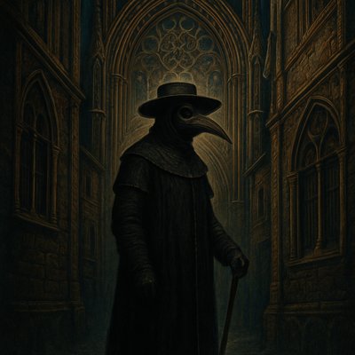 "A solitary and ominous Black Plague Doctor stands in a dimly lit, narrow cobblestone alleyway in a medieval European city. The doctor is clad head-to-toe in their iconic, dark, heavy protective gear: a long, oil-soaked waxed canvas or leather coat, dark gloves, and a wide-brimmed black hat. Their most striking feature, the beaked mask with dark, glass eyeholes, is prominent, creating an eerie, bird-like silhouette that conceals their face entirely. A wooden cane or pointer is held firmly in one gloved hand.

The atmosphere is heavy and foreboding. The background features dark, crumbling stone or timber-framed buildings with shuttered windows, hinting at a city under quarantine. Smoke or mist might subtly swirl around their feet. The lighting is stark and dramatic, perhaps from a distant lantern or a sliver of pale moonlight, casting deep shadows and highlighting the grim details of their attire. The overall mood is one of profound isolation, historical dread, and silent vigilance against an invisible enemy."