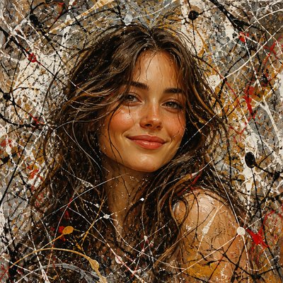 head-and-shoulders portrait of an original character: a young woman with wavy chestnut hair and a warm smile, plain soft backdrop