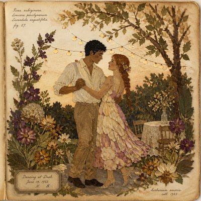 an original couple dancing under string lights in a garden at dusk: a man with short black hair in a linen shirt and a woman with braided red hair in a summer dress