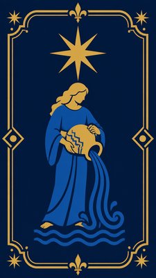 a robed figure pouring water beneath a large eight-pointed star in a night sky, symmetrical composition with an ornate decorative border, no text