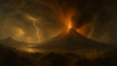 an erupting volcano with lightning strikes, dramatic wide composition, no text