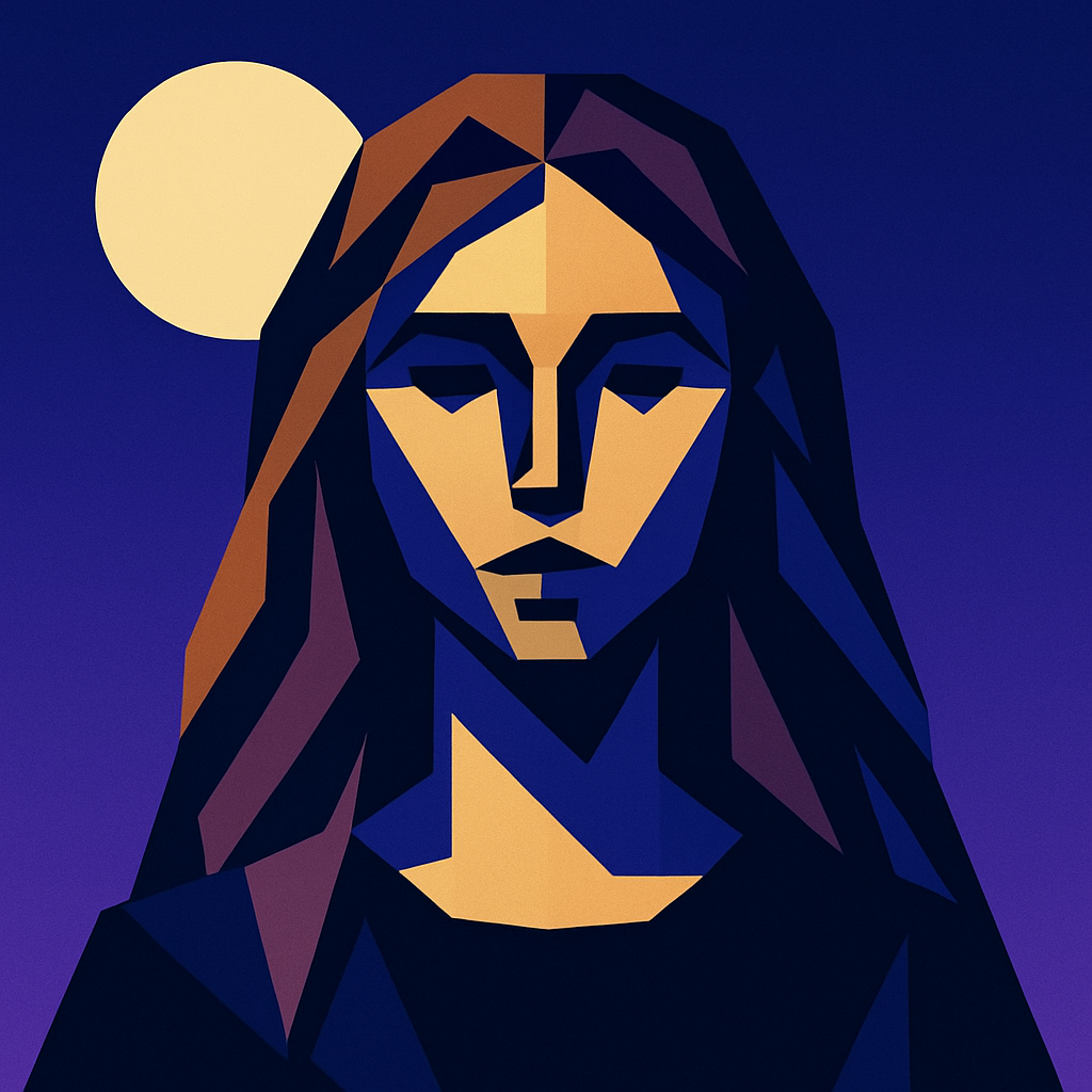 a painting of a woman's face with a full moon in the background
