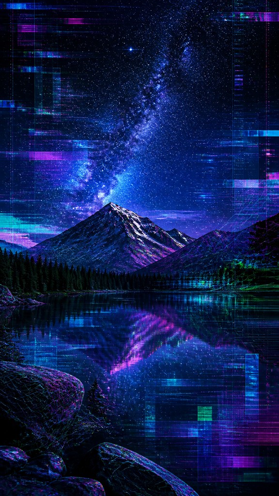 a tranquil mountain lake beneath a starry night sky, no people, no text