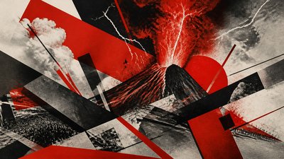 an erupting volcano with lightning strikes, dramatic wide composition, no text