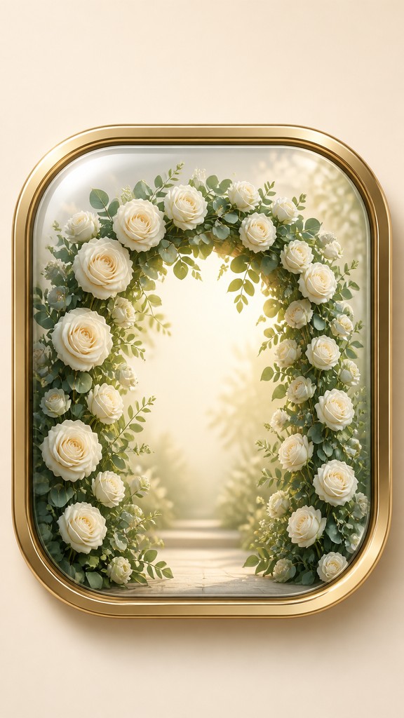 an arch of white roses and eucalyptus in soft morning light, elegant vertical composition with open space, no text
