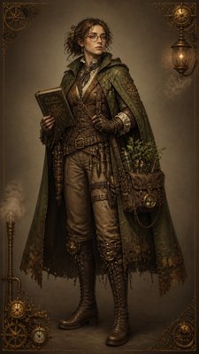 full-body original character: a wandering botanist with a satchel of plants, a patched green cloak, tall boots and round glasses, neutral background