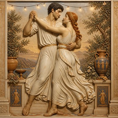 an original couple dancing under string lights in a garden at dusk: a man with short black hair in a linen shirt and a woman with braided red hair in a summer dress