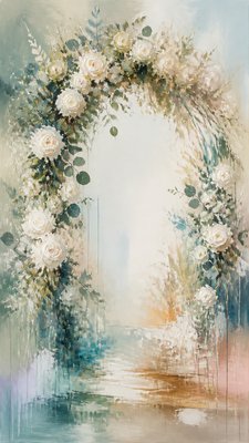 an arch of white roses and eucalyptus in soft morning light, elegant vertical composition with open space, no text