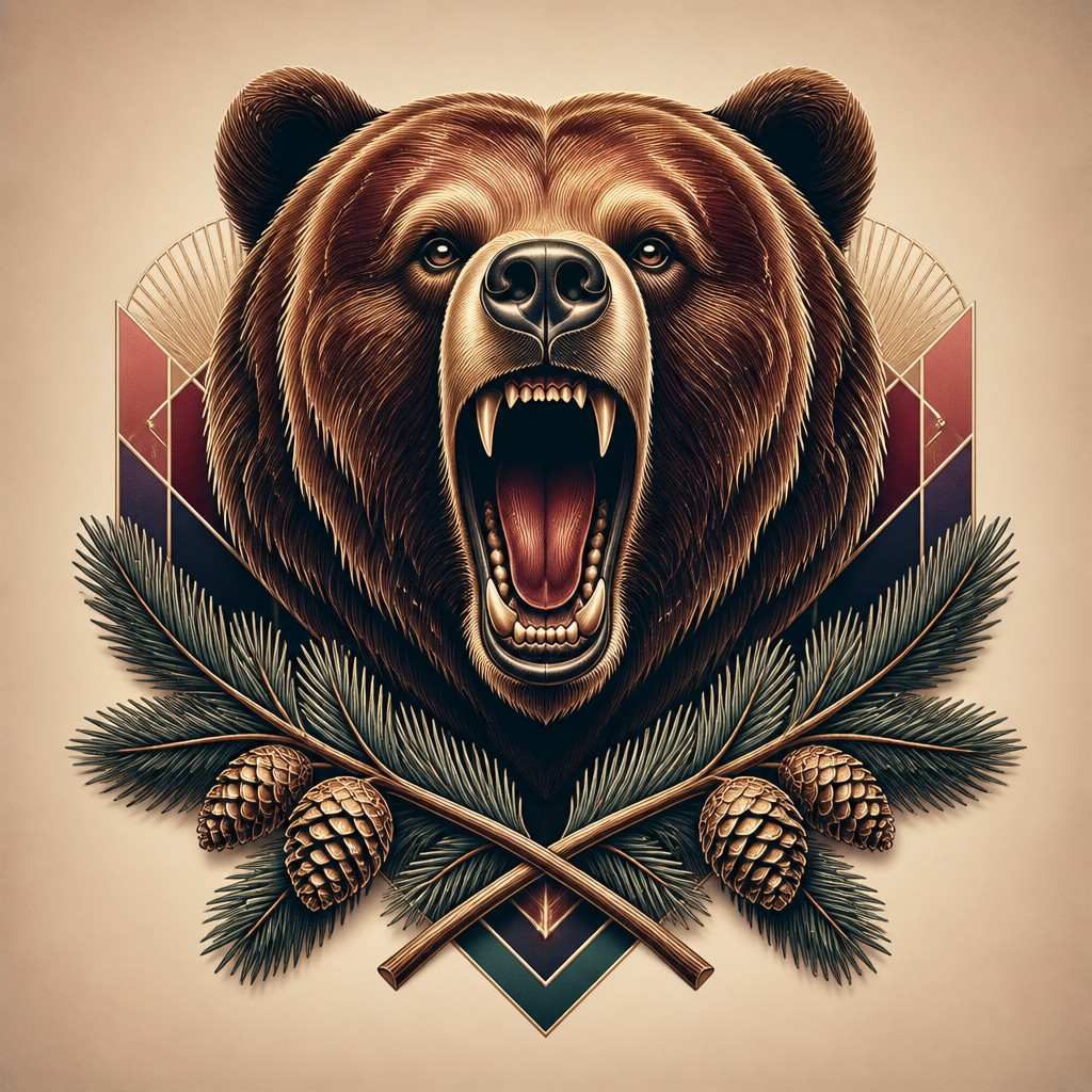 a roaring bear head above crossed pine branches, bold graphic composition on a plain background, no text