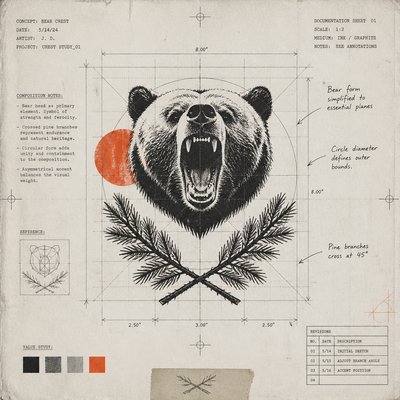 a roaring bear head above crossed pine branches, bold graphic composition on a plain background, no text