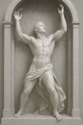 a statue of a man with his hands up