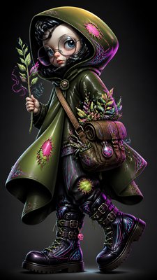 full-body original character: a wandering botanist with a satchel of plants, a patched green cloak, tall boots and round glasses, neutral background