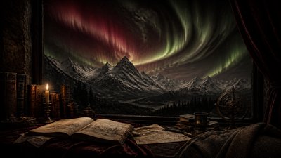 a flowing aurora over snowy peaks, wide sweeping composition, no people, no text