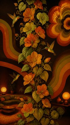 a climbing vine of flowers and hummingbirds on a dark background, tall wrapping composition, no text