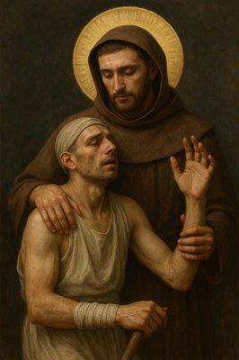 a painting of a man holding the hand of another man