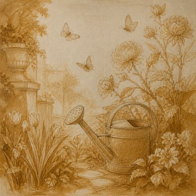 a garden scene with butterflies, flowers and a watering can, clean uncolored line art, no text
