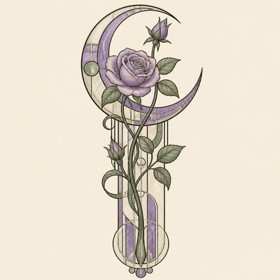 a rose entwined with a crescent moon, clean balanced composition on a plain background, no text