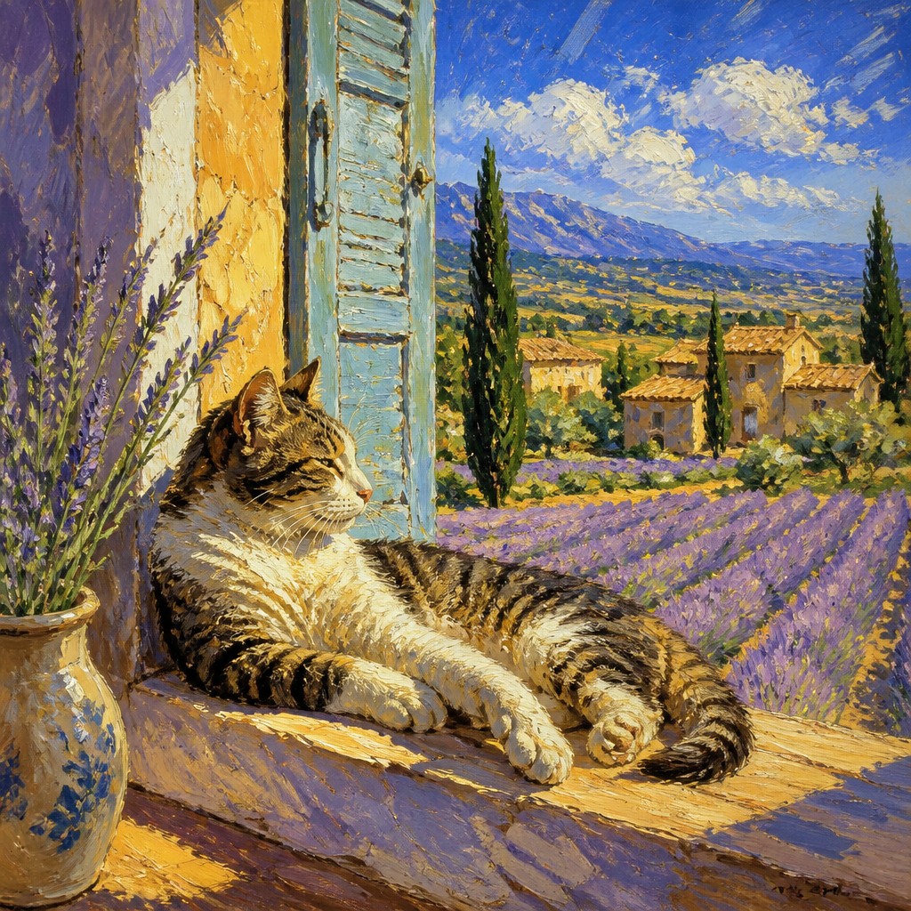 a cat lounging in a sunlit window — Provence Light Art Style