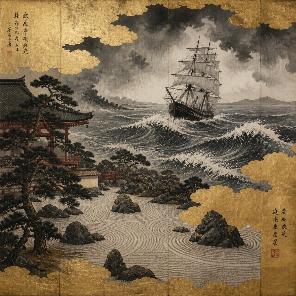 sailing ship on a stormy sea — Kyoto Zen Art Style