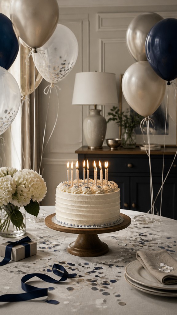 a birthday cake with lit candles surrounded by balloons and confetti, festive vertical composition, no text