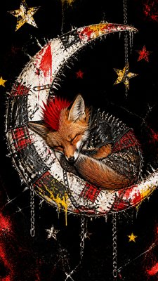 a sleeping baby fox curled on a crescent moon among soft stars, gentle and warm, no text