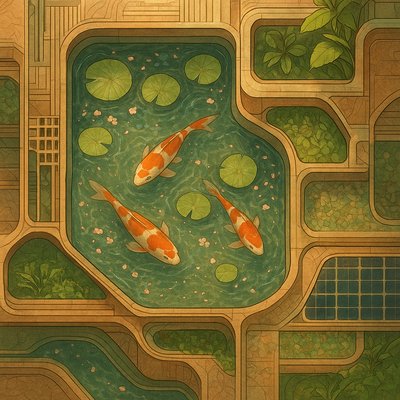 A koi pond seen from above, orange and white koi fish swimming among lily pads, clear water with subtle ripples, fallen cherry blossom petals floating on the surface, dappled sunlight