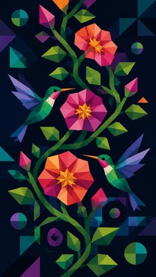 a climbing vine of flowers and hummingbirds on a dark background, tall wrapping composition, no text