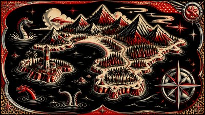 a map of an island realm with mountains, forests, a sheltered bay, sea monsters in the water and a compass rose, no text labels