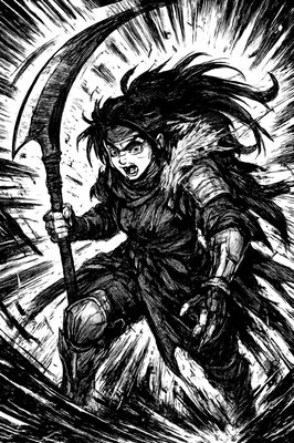 a drawing of a woman with a sword and a sword