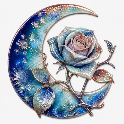 a rose entwined with a crescent moon, clean balanced composition on a plain background, no text