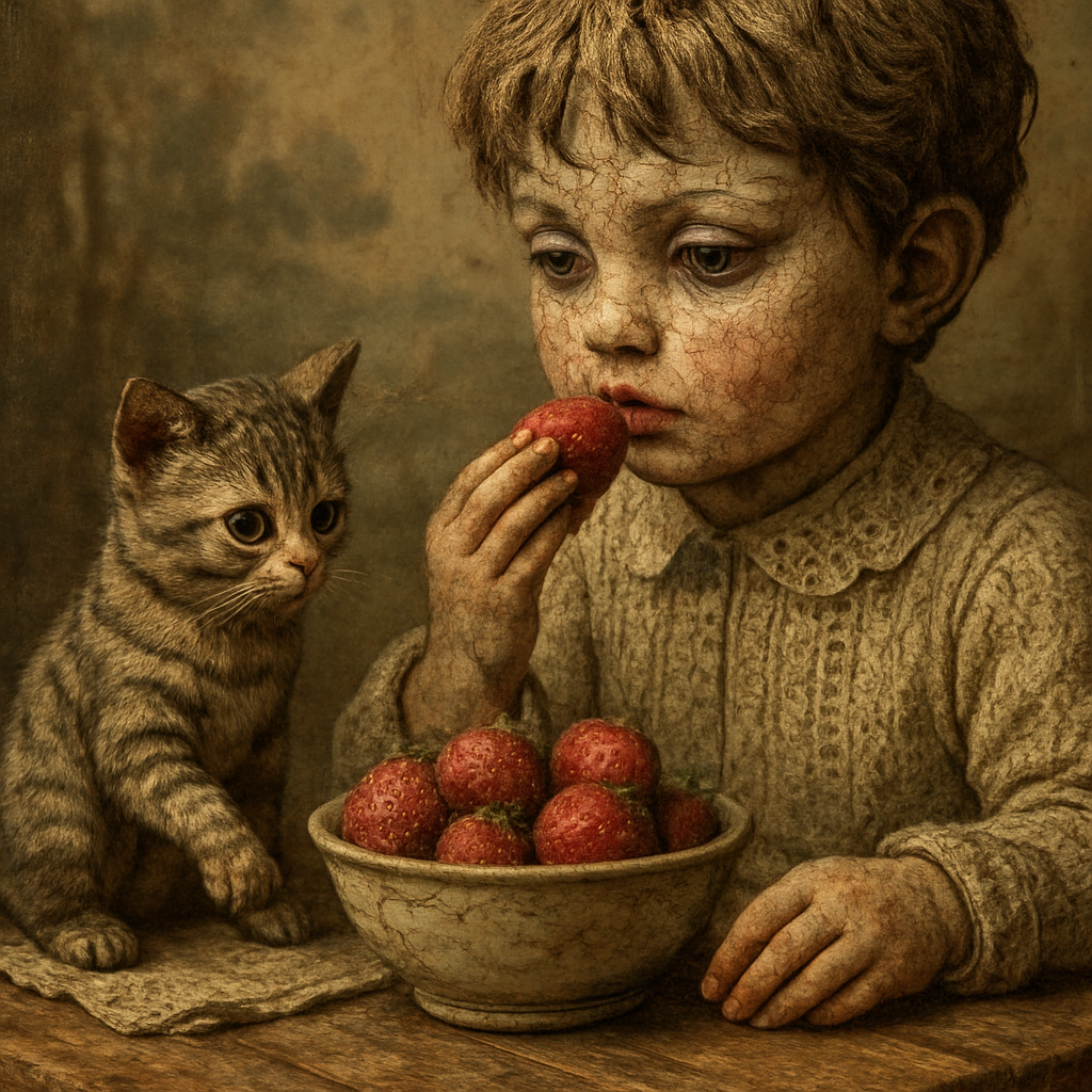 a painting of a boy eating strawberries next to a cat