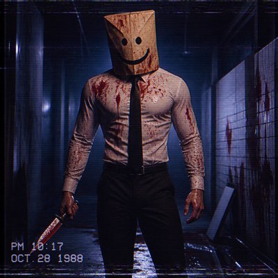 Je veux que tu me dessines un homme abdo incroyable un peu comme un slasher avec un couteau et un mask en paper bag avec un sourire creepy il a un pantalon 
Une chemise fermée et une cravate noire normal Je veux aucun texte , et des couleurs, hyper froides, aucune couleur chaude à part le rouge vif peut-être du blanc et du noir c’est tout
 Et bien évidemment, je veux que la peau soit aussi avec des couleurs chaudes, genre une peau beige je veux pas que le masque soit disproportionné, je veux un masque quand même assez grand et un masque beige marron du supermarché, je veux des éclaboussures partout sur lui. Pas un truc bizarre en ligne droite symétrique, je veux vraiment en effet jeux vidéo