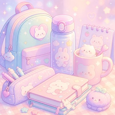 still life with everyday objects — Kawaii Pastel Anime Art Style