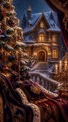 a snow-covered cottage with warm glowing windows beside a decorated pine tree, gentle snowfall, no text