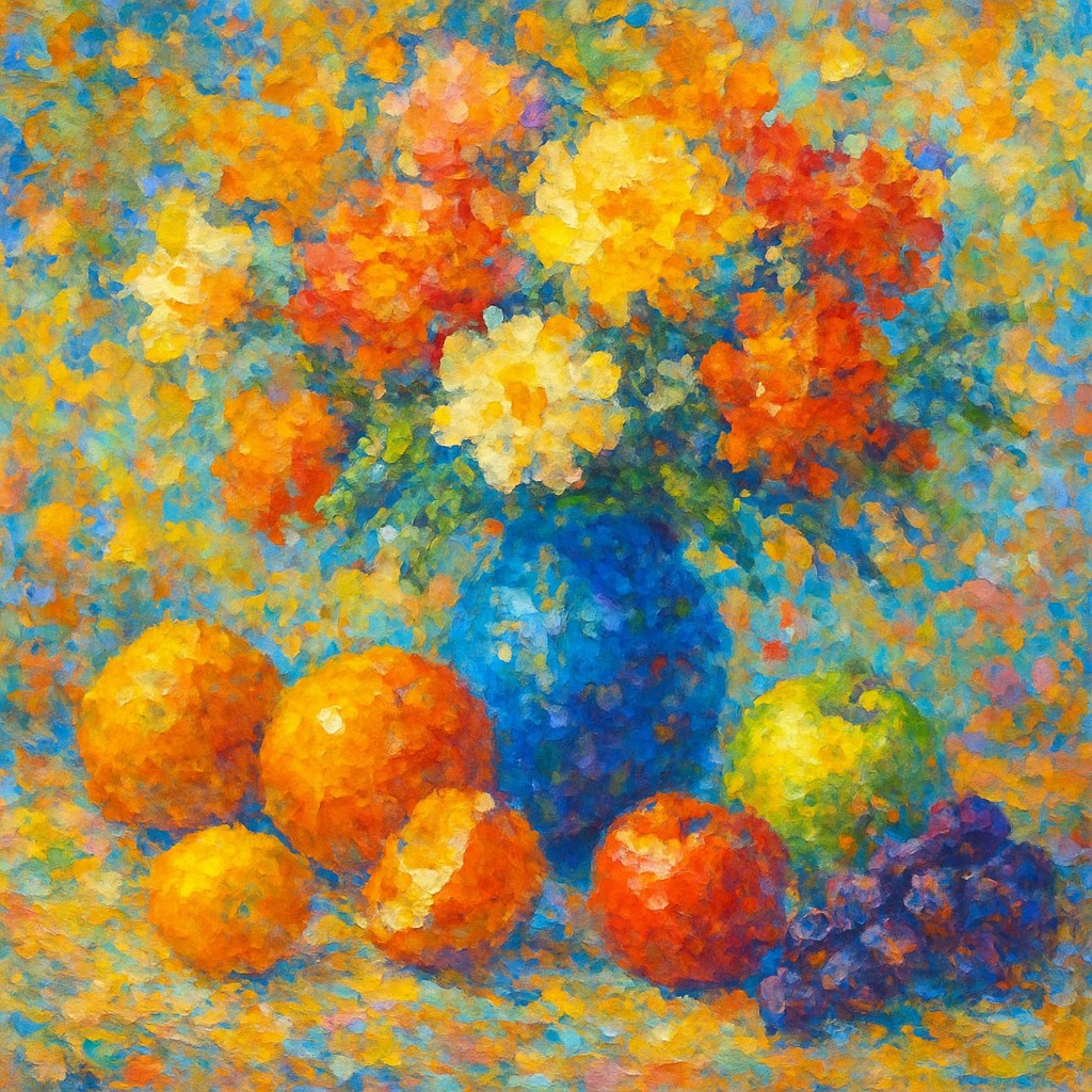 still life arrangement of fruits and flowers
