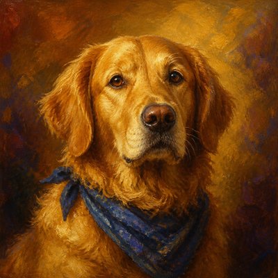 portrait of a golden retriever wearing a blue bandana, warm plain backdrop, no text