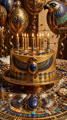 a birthday cake with lit candles surrounded by balloons and confetti, festive vertical composition, no text