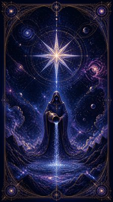 a robed figure pouring water beneath a large eight-pointed star in a night sky, symmetrical composition with an ornate decorative border, no text