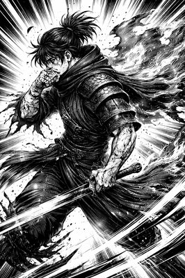 a black and white drawing of a man holding a sword