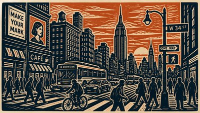 bustling city street panorama at dusk
