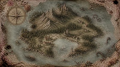 a map of an island realm with mountains, forests, a sheltered bay, sea monsters in the water and a compass rose, no text labels