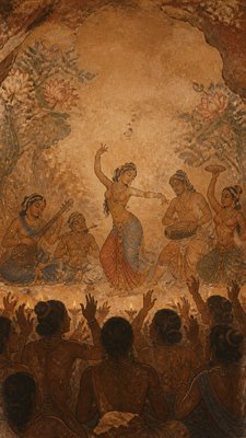 a live music scene with a glowing stage and silhouetted crowd, energetic vertical composition with open space at the top, no text