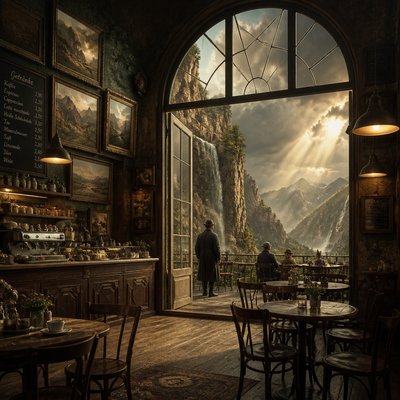 cozy cafe interior with warm lighting