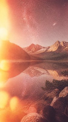 a tranquil mountain lake beneath a starry night sky, no people, no text