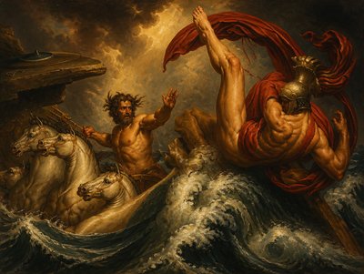 a painting of two men on a boat in the water