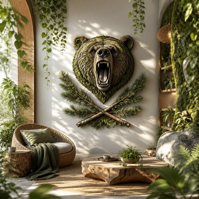 a roaring bear head above crossed pine branches, bold graphic composition on a plain background, no text
