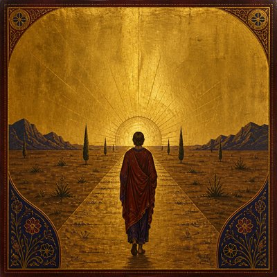 a solitary figure walking toward a glowing horizon across an empty plain, moody atmosphere, no text or lettering