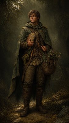 full-body original character: a wandering botanist with a satchel of plants, a patched green cloak, tall boots and round glasses, neutral background