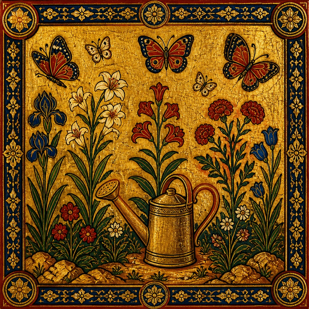 a garden scene with butterflies, flowers and a watering can, clean uncolored line art, no text