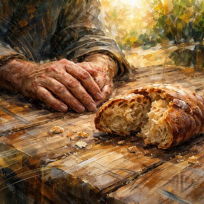 A close-up, shallow depth-of-field photograph. Weathered, hardworking hands are resting on a rough-hewn wooden table next to a broken loaf of hearty brown bread. The background shows a blurred, peaceful garden or workshop. The image evokes a sense of accomplishment and quiet rest. Soft, natural lighting. Zero text or characters in the image.